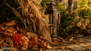 Herbstlaub und Maisstroh
