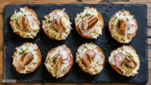 Knödel-Tapas mit Radi und Krautsalat