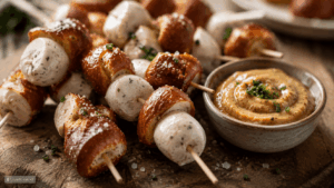 Weißwurst-Brezel-Spieße mit süßem Senf